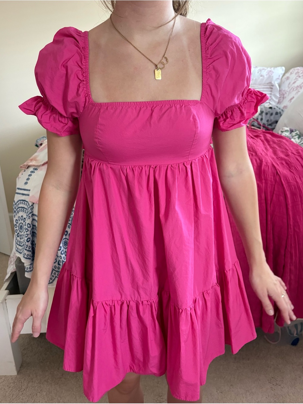 SHEIN Hot Pink Puff-Sleeve Tiered Mini Dress